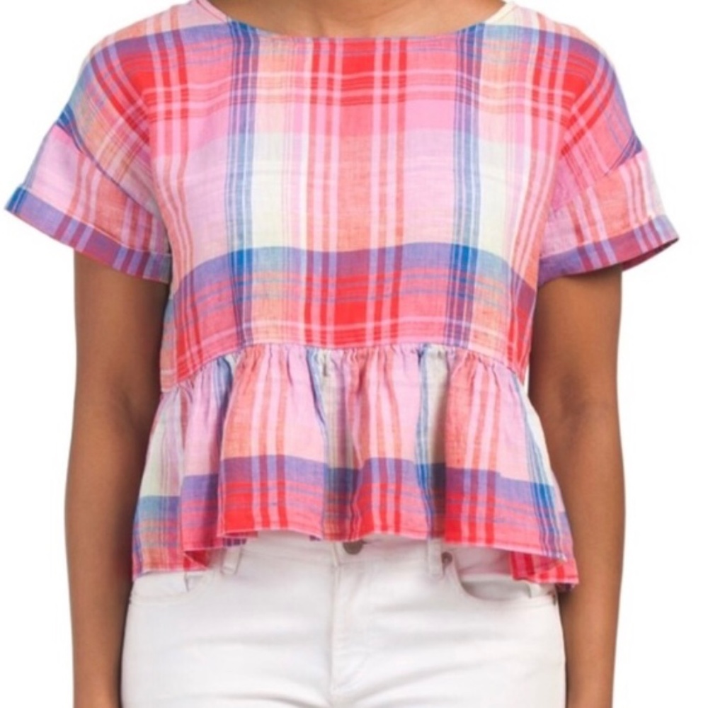 C&C CA | Linen Madras Plaid Pattern Peplum Spring Summer Boxy Popover Crop Top